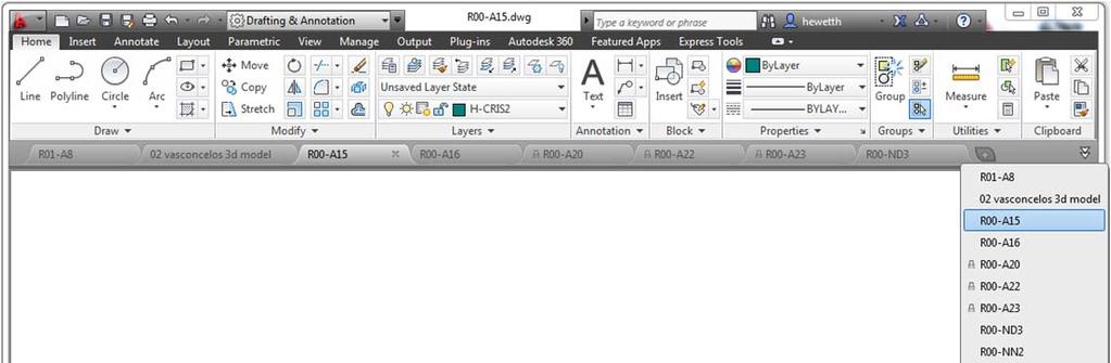 When file tabs are turned on, a tab for each open drawing is displayed at the top of the drawing area.