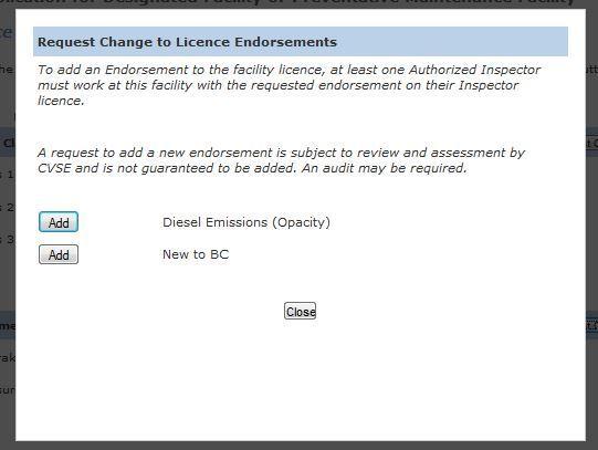 3. To request a change, click the Request Change button beside the appropriate section. a. Then click the Add button beside the applicable Vehicle Class or Endorsement.