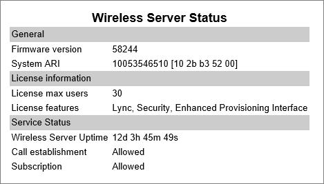 Wireless Server Information This page provides information about the firmware version and ARI code of the Spectralink IP- DECT Server. 1. Click Status, and then click Wireless Server.