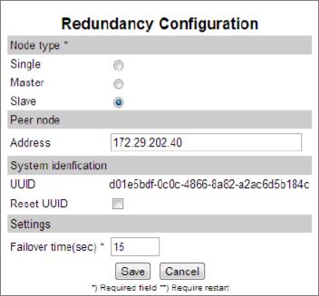 Setting Redundancy Configuration - System identification UUID (Optional) Reset UUID (Optional) The UUID (unique ID) of the redundant system.