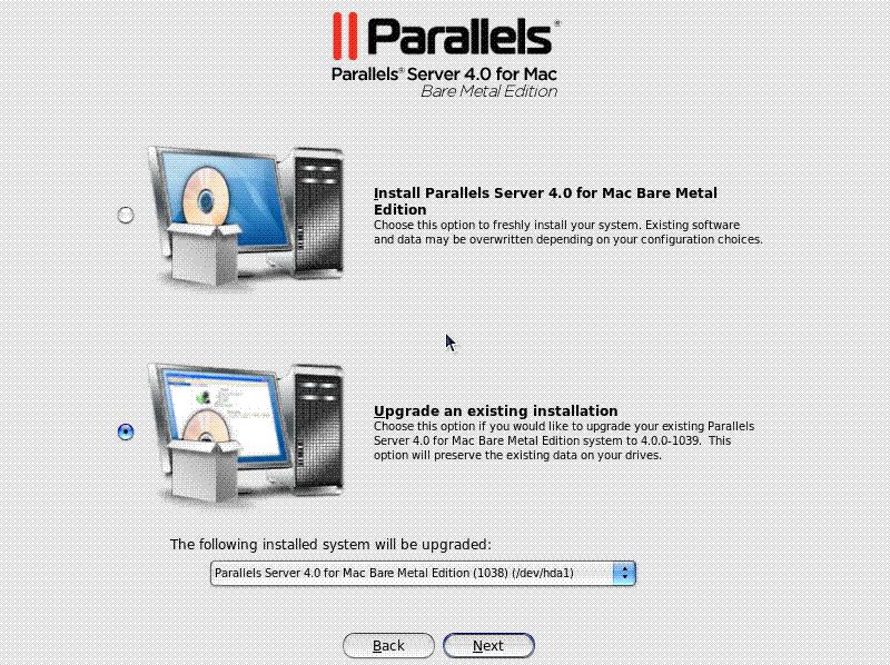 Installing Parallels Server 4.0 for Mac Bare Metal Edition 30 Press Enter to choose the graphical installation mode.