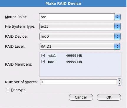 Installing Parallels Server 4.0 for Mac Bare Metal Edition 36 2 In the RAID Options dialog, select the Create a RAID device radio button, and click OK.