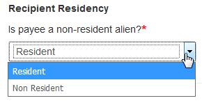 Recipient Residency The next section deals with whether the person is a resident of the US or is a non resident alien.