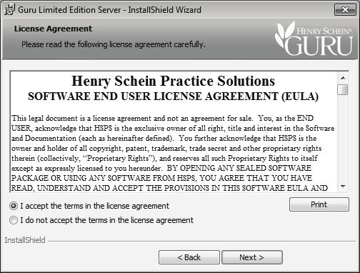 8 Figure 1-12 11. Read the Guru Limited Edition Software End User License Agreement. When you have read the document, mark I accept the terms of the license agreement and click Next to continue.