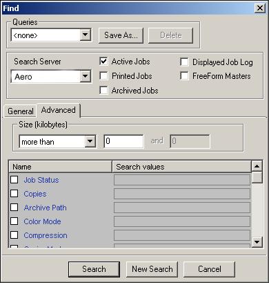 3-32 Using Command WorkStation or Command WorkStation LE 4. Click the Advanced tab. The Advanced tab of the Find dialog box includes an area for specifying file size search parameters.