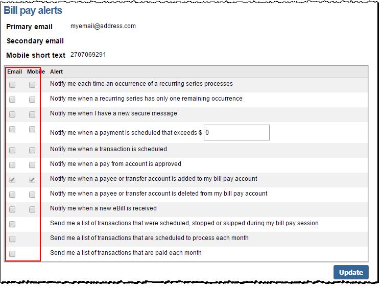 Bill Pay Alerts Alerts allow subscribers to monitor activity and be proactive with detecting fraud.