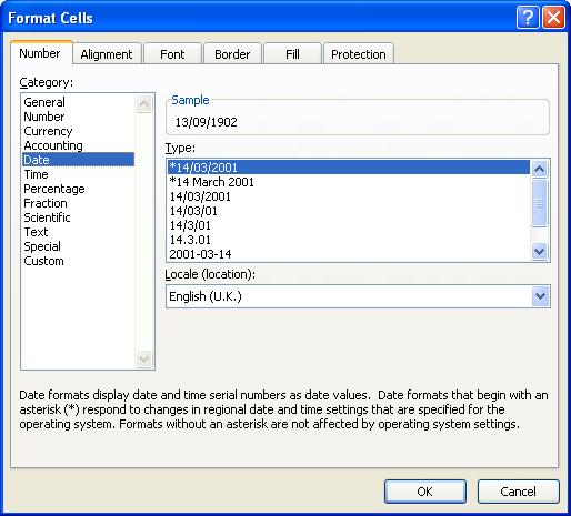 dialogue box launcher. The Fmat Cells dialogue box will open showing the Number tab.