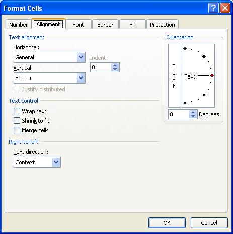 The Fmat Cells dialogue box will appear. Click on the Alignment tab. To change the Hizontal and Vertical alignment, click on the arrows and a drop down menu will appear.