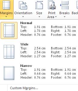 Either, click on one of the predefined margins, click on Custom Margins to open the Page Setup dialogue box to set your own margins.