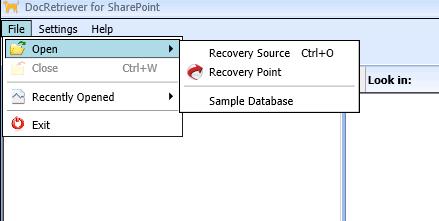 Figure 8. DocRetriever Console - Open a recovery point or a recovery source AppAssure 5 recovery points. Dell recommends recovering SharePoint data from an AppAssure 5 recovery point.