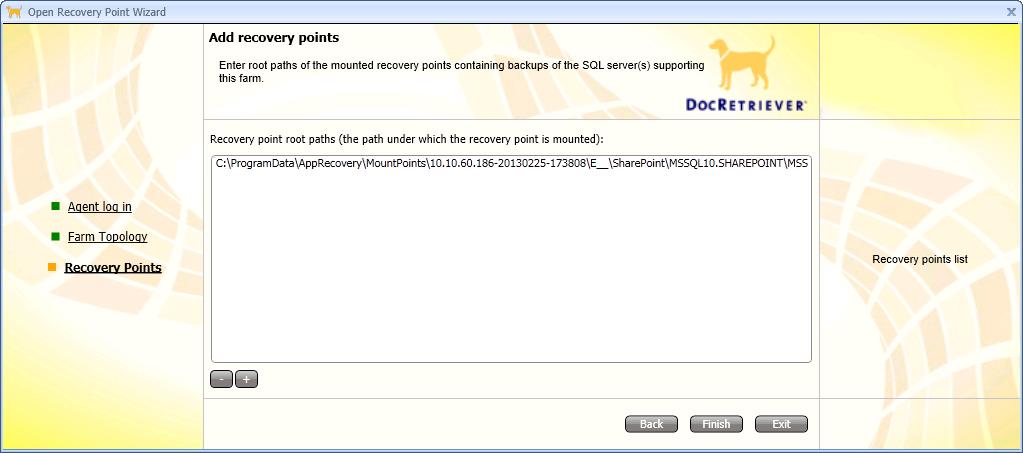 Figure 16. Open Recovery Point Wizard example - Full database path of recovery point d Click Finish. The Open Recovery Point Wizard closes.