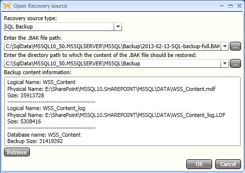 The topology of the SharePoint farm in the SQL backup displays in the Backup content information field. Figure 19. Open Recovery Source dialog box - SQL backup file recovery source 5 Click OK.