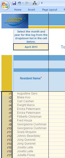 3. Move to your new workbook (the one you just downloaded from the AE website), go to the TransferLog, and click in the cell for the first resident's name.