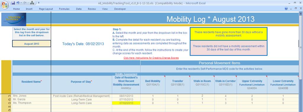 As you complete mobility assessments each month, enter the information into this spreadsheet. There several additional fields on the use of alarms and restraints, and also the occurrence of falls. 1.