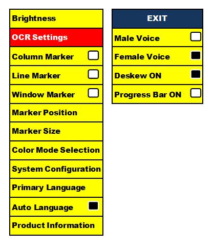 OCR Menu Settings Male Voice/Female Voice Set the DaVinci to read aloud or prompt in a Male or Female Voice.