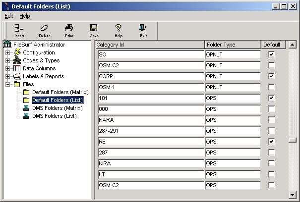 Chapter 6 Files page 145 Default Folders List The Default Folders List screen, depicted in Figure 6-2 is a convenient way to identify and change the default Folder Types assigned to each Category or