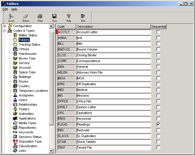 Chapter 3 Codes and Types page 77 Folder Types The Folder Types codes screen, depicted in Figure 3-2, is used to define and maintain the list of Folder Types.