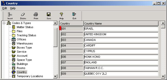 Chapter 3 Codes and Types page 91 Country The Country codes screen, depicted in Figure 3-12, is used to define and maintain the list of Countries that may have jurisdiction over the Matters managed