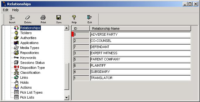 Chapter 3 Codes and Types page 97 Relationships The Relationships codes and types screen, depicted in Figure 3-16, is used to define and maintain the list of Relationship Types.