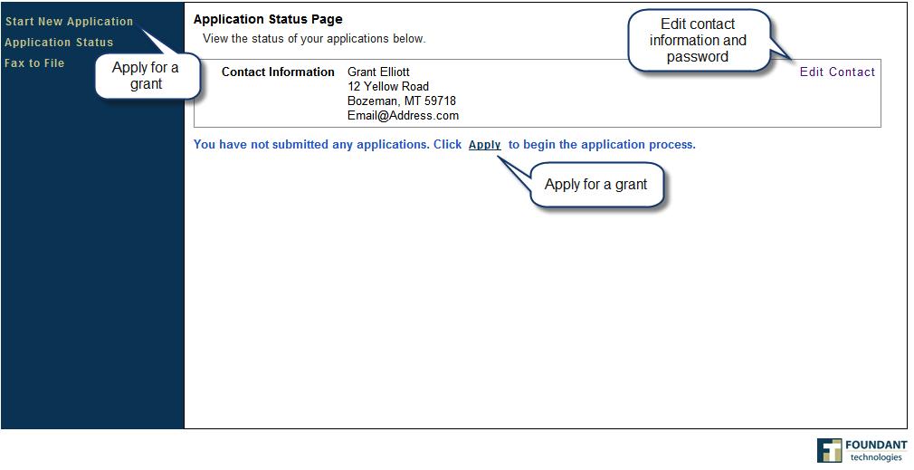 Application Status Page When you Continue from the registration Confirmation Page, you will be taken to an Application Status Page.