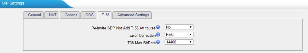 Figure 4-15 T.38 Table 4-10 of T.38 Settings Re-invite SDP Not Add T.38 Attributes If set to Yes, SDP in re-invite packet will not add T.38 attributes. Error Correction Re-invite SDP T38FaxUdpEc. T.38 Max Bit Rate Set T38 Max Bit Rate.