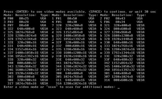 4. Choose a video mode you think best suitable for your monitor and type its number in the command line. For instance, typing 338 selects video mode 1600x1200x16 (see the below figure).