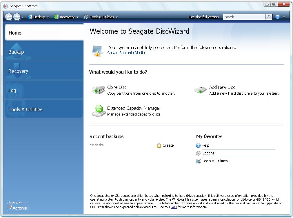 6 Getting to know Seagate DiscWizard 6.1 Program workspace Starting Seagate DiscWizard takes you to the Welcome screen.