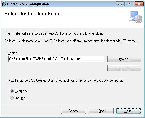 EXgarde Web Config Install The next window you will be presented is the install location window.