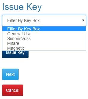 Keys The next step in the process is Issue Key. On this page you will be able to issue an existing key or add a new key.