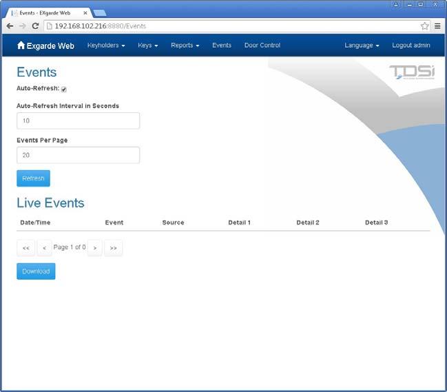 12. Events EXgarde Web provides the ability to view events as they happen in the EXgarde system with the Events page.