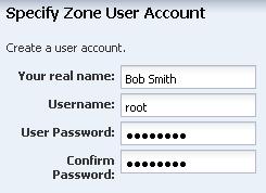 Enter a name, a user name, password and confirm password to create a user account. The name must begin with a letter and can only contain letters and numbers. Click Next.