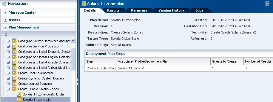 Click Plan Management, expand Deployment plans, expand Create Oracle Solaris