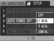 Changing the Auto Power Off Setting (AUTO POWER OFF) If you do not operate the camera for a set period of time, it shuts off automatically to conserve battery power (Auto Power Off).