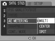 Changing the Light Metering (AE METERING) You can change the metering method (the range to use for metering) used to determine the exposure value. There are three light metering modes.