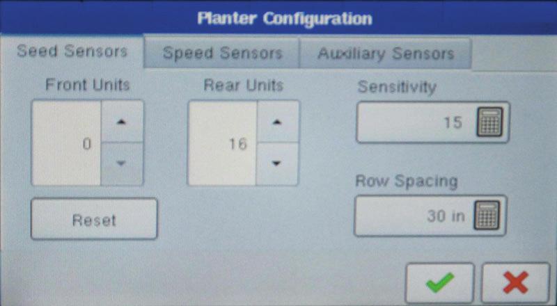 Planter Configuration The Planter Configuration window includes three tabs, the Seed Sensors tab, the Speed Sensors tab, and the Auxiliary Sensors tab.
