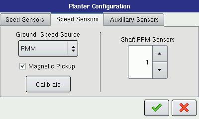 Kinze Planter Monitor Speed Sensors The Speed Sensors tab is where you can set your Ground Speed Source for the PMM, Calibrate Magnetic Pickup, and set the number of Shaft Speed Sensors.