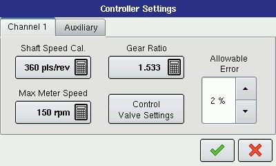 Rate Control Controller Settings You can view Control Valve settings, Max Meter Speed, enter a Shaft Speed Calibration and other information by opening the Controller Settings window.