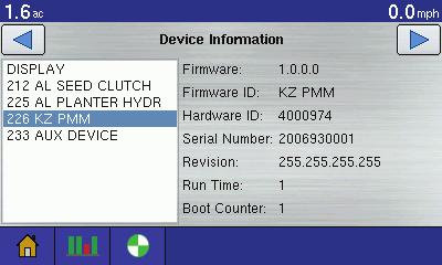 Diagnostics TM Diagnostics Device Information CO10 You can review Diagnostic information about the Kinze monitor by pressing the Diagnostics button on the Home Screen.