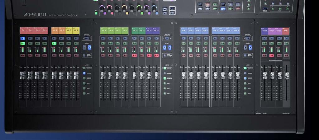The "touch and turn" system of touching the desired parameter and turning the selected knob achieves fast, intuitive operation. 28 channel faders in 4 banks.