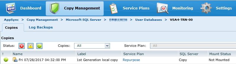 REVIEWING THE 1 ST GENERATION COPY Once the repurposing workflow completes, the 1 st generation copy will be visible from two locations, under Copy Management as seen in Figure 11-1st Generation Copy