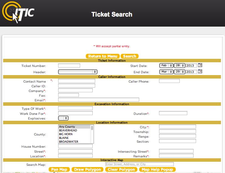 POST - SUBMITTING A LOCATE REQUEST 31 TICKET SEARCH To search for an existing ticket without a ticket number, simply click on the Ticket Search button found on the Main Menu (pg 05).