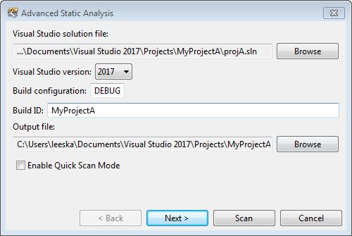 Chapter 3: Scanning Source Code 1. Start Audit Workbench. 2. Under Start New Project, click Visual Studio Build Integration. 3. Select the folder that contains the solution you want to analyze, and then click OK.