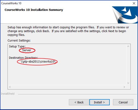 Verify that the setup type and destination folder are correct and click to begin the installation