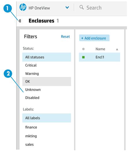 Figure 5 Filters sidebar 1 Pin control: Expands or hides the Filters sidebar. 2 Sorting and filtering criteria enables you to refine the information displayed for a resource in the details pane. 4.