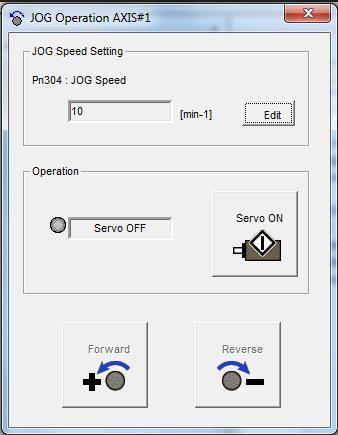 Click "Edit" to change the JOG Speed. "50 RPM" is a good safe starting point. Release ESTOP on the Centroid Control. Click "Servo ON" to enable the ServoPack Motor Power.