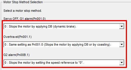 Click "Motor Stop Method" Selection. Pn001.0 should be set by default to the settings in the picture below. If not, make sure they are set accordingly.