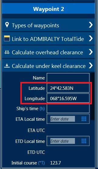 In the right hand panel you can either enter Latitude and Longitude values in degrees and decimals with North or South ( e.g. 48.2N), or you can edit the displayed value.