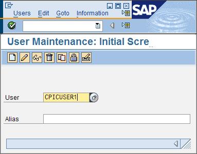 Create the sample user CPICUSER1 in SAP client 800. Procedure: 1. In the SAP GUI, enter the transaction code SU01 to open the User Maintenance: Initial Screen window. 2.