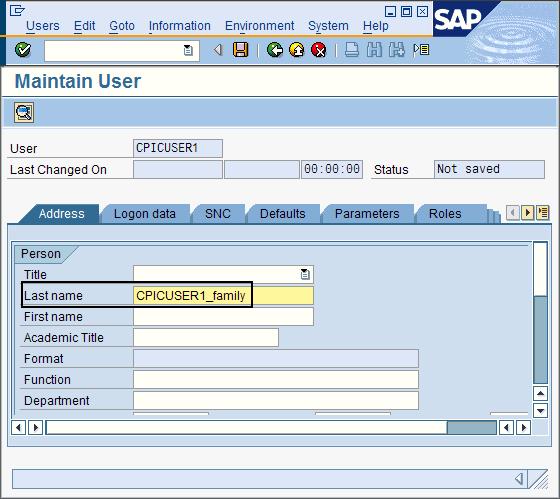 Figure 2. Address page of Maintain User window containing the sample surname CPICUSER1_family 5. Click the Logon data tab and specify the following information. a. From the User Type field, select Communications Data.