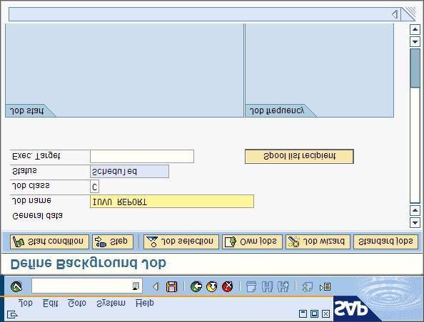 Figure 90 shows the Define Background Job window containing the specifications. Figure 90. Define Background Job window containing the sample job name and the job class 3.